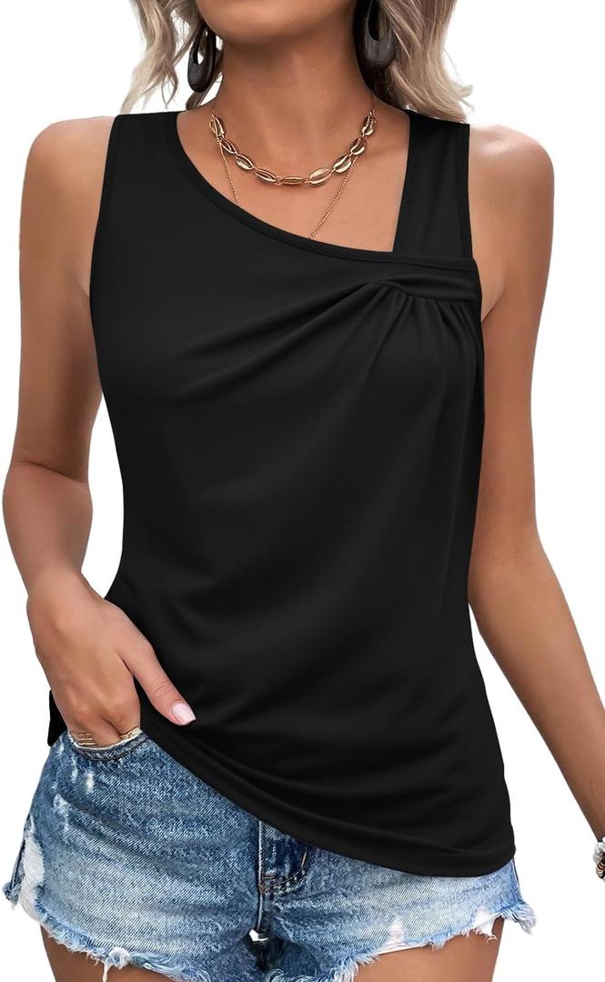 LOLONG Womens Tank Tops Summer Sleeveless Asymmetrical Neck Pleated Tops Casual Shirts (Black, XXL)