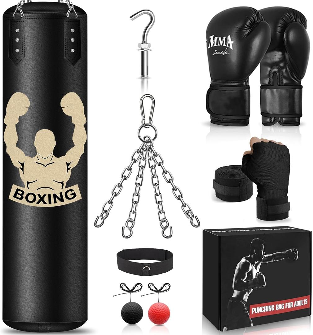 Hanging Punching Bag for Adults, 4FT PU Heavy Bag Boxing Training Equipment with 12OZ Gloves, Reflex Ball, Wristband, Kicking Bag Boxing Set for Training Karate Kickboxing Home Gym(Unfilled) (Black)