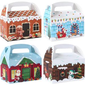Patimate 24pcs Christmas Cookie Boxes for Gift Giving, 4 Style 3D Xmas House Cardboard Treat Boxes with Handles for Christmas Goodie Candy Holiday Party Favor Supplies