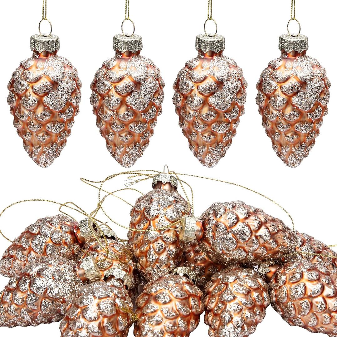 Watayo 12 Pcs Christmas Pinecone Glass Ornaments, Fall Hanging Pine Cone Painted Glass Ornaments, Glitter Pinecone Christmas Ornament for Xmas Tree DIY Crafts Fall Thanksgiving Day Decoration