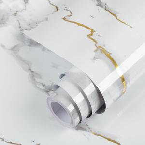 practicalWs Glossy Marble Wallpaper Peel and Stick White/Gold Granite Contact Paper Removable Wall Paper for Kitchen Countertop Cabinet Furniture 17.7" x 78.7"