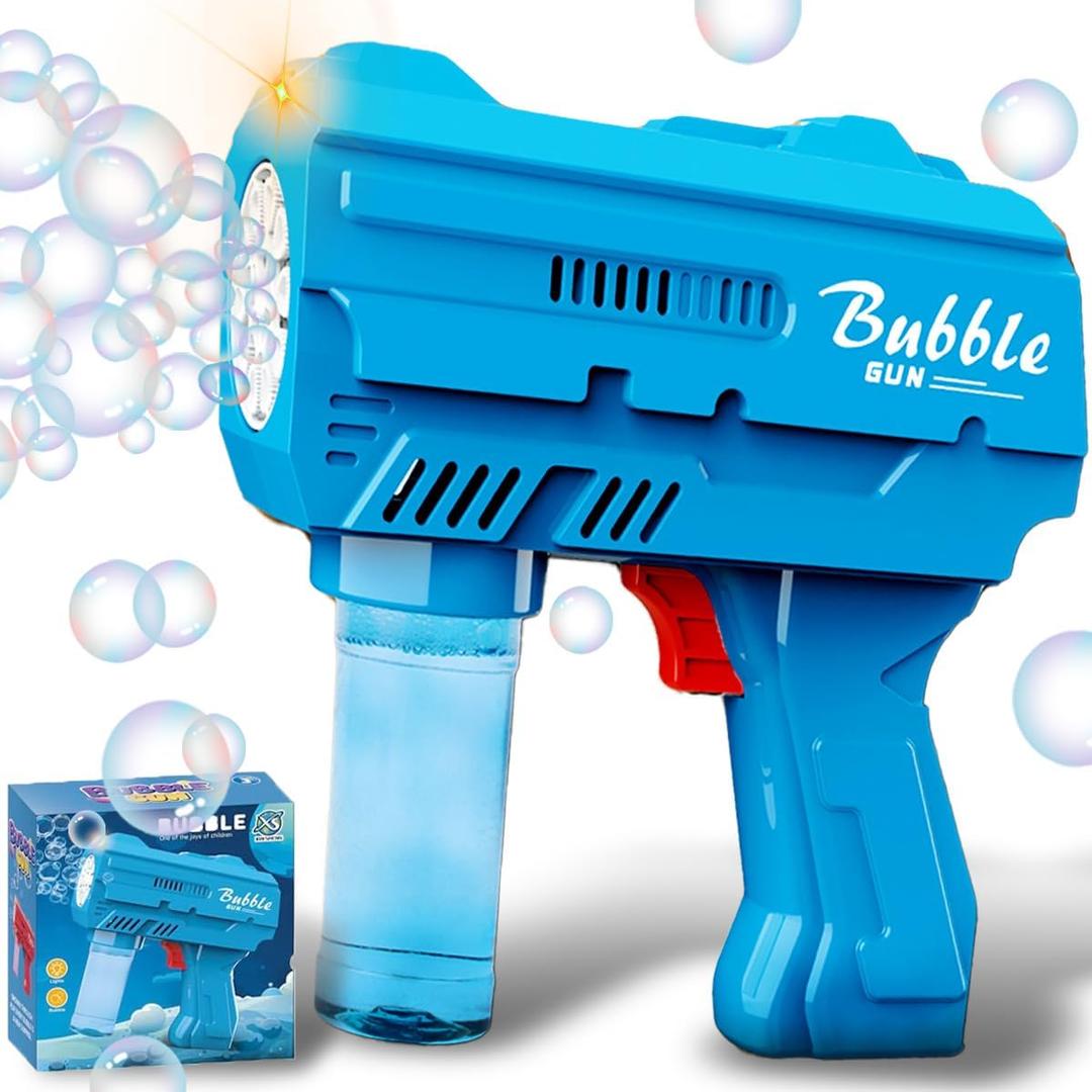 Kids Automatic Bubble Gun LED Light & Refill Solution  Leakproof Bubble Blaster, Outdoor Toys Toddlers 3-8, Birthday Gift, Easter Stuffer, Wedding & Party Supplies (Blue)