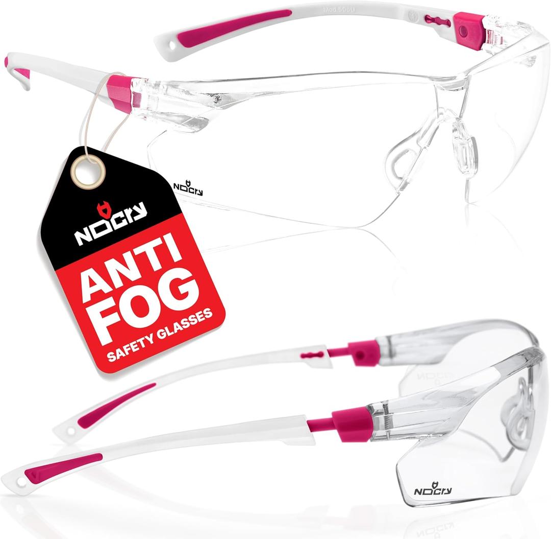 NoCry Clear Safety Glasses for Women with Adjustable Frames  Anti Fog Safety Glasses with 100% UV Protection & Scratch Resistance, ANSI Z87.1 Rated  Perfect Safety Goggles for Women, Nursing Goggles (White & Pink)