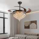 48" Chandelier Ceiling Fan with Light - Crystal Fandelier, Retractable Ceiling Fan with Remote and App Control, 3 Color Dimmable, Reversible DC Motor, for Bedroom, Living Room (Black)