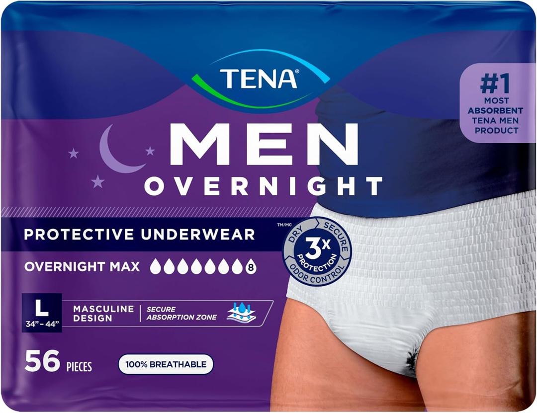 TENA Men Protective Incontinence Underwear for Men, Overnight Max Absorbency, White, L, 56 Count