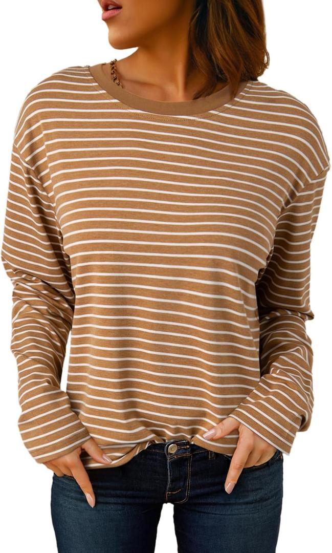 Dokotoo Women's Casual Striped Long Sleeve Tops Crew Neck Knit Basic T Shirts (X-Large)