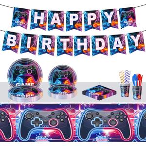 Video Game Machine Party Tableware Set Gaming Theme Decoration Birthday Party Supplies Including Gaming Theme Plates,Tableware,Cups,Paper Towels,Straw,Banners,Tablecloths Etc.