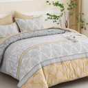 Menghomeus Boho Comforter Set King Size 7 Piece Bed in a Bag Yellow and Grey Bed Comforter Set Bohemian Paisley Striped Design Soft Microfiber Bedding Sets for All Season