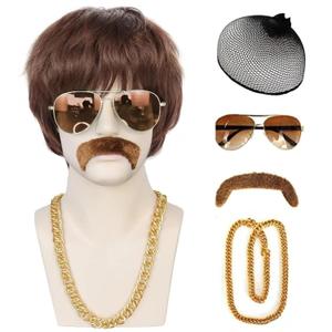 JoneTing Mens Disco Wig+1 Chain+1 Mustache+1 Glasses +1 Hair Cap Mens 70s 80s Disco Wig Short Dark Brown Disc Party Wigs for Men Short Brown Wavy Wigs 70s 80s Costume Hair