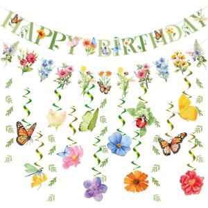 Flower Birthday Decorations, Garden Wildflower Party Decorations with Pre-strung Banners, Flower Themed Hanging Swirls, Birthday Decorations for Women Girl (Green Pink)