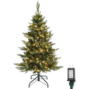 4 ft Prelit Christmas Tree with Cypress Leaf 150 LED Lights, 318 Branch Tips & Metal Stand Slim Pencil Christmas Decoration Tree for Indoor and Outdoor Narrow Space