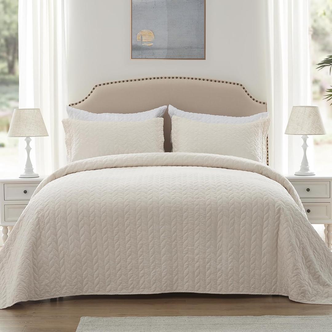 SunStyle Home Quilt Set Queen Beige Lightweight Bedspread Full Soft Reversible Coverlet for All Season 3pcs Leaf Embroidered Quilted Bedding Sets (1 Quilt 2 Pillow Shams)(90"x96") (Full/Queen (90"x96"), Beige - Leaf Embroidered)
