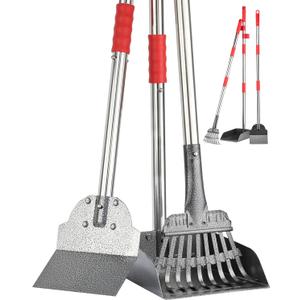 FUSBUNTY Pooper Scooper, Long Handle Dog Pooper Scooper, Heavy Duty Stainless Steel Rake with Tray & Spade Set for Pet Waste Removal, for Grass, Dirt or Gravel (Red)