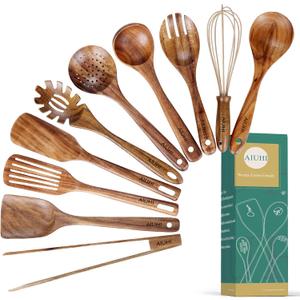 10 Pack Wooden Utensils for Cooking, Wood Utensil Set for Kitchen, Teak Wooden Spoon for Cooking, Non-Stick Spatula Ladle