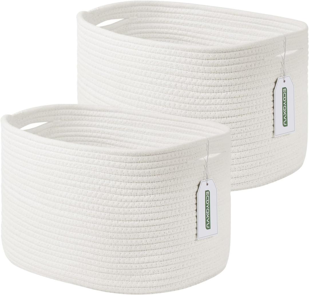 Cotton Rope Storage Basket, 15x10x9 Inches, Woven Basket for Shelves, Clothes, Towels, Books, and Laundry, Durable and Stylish, White (2 Pack)