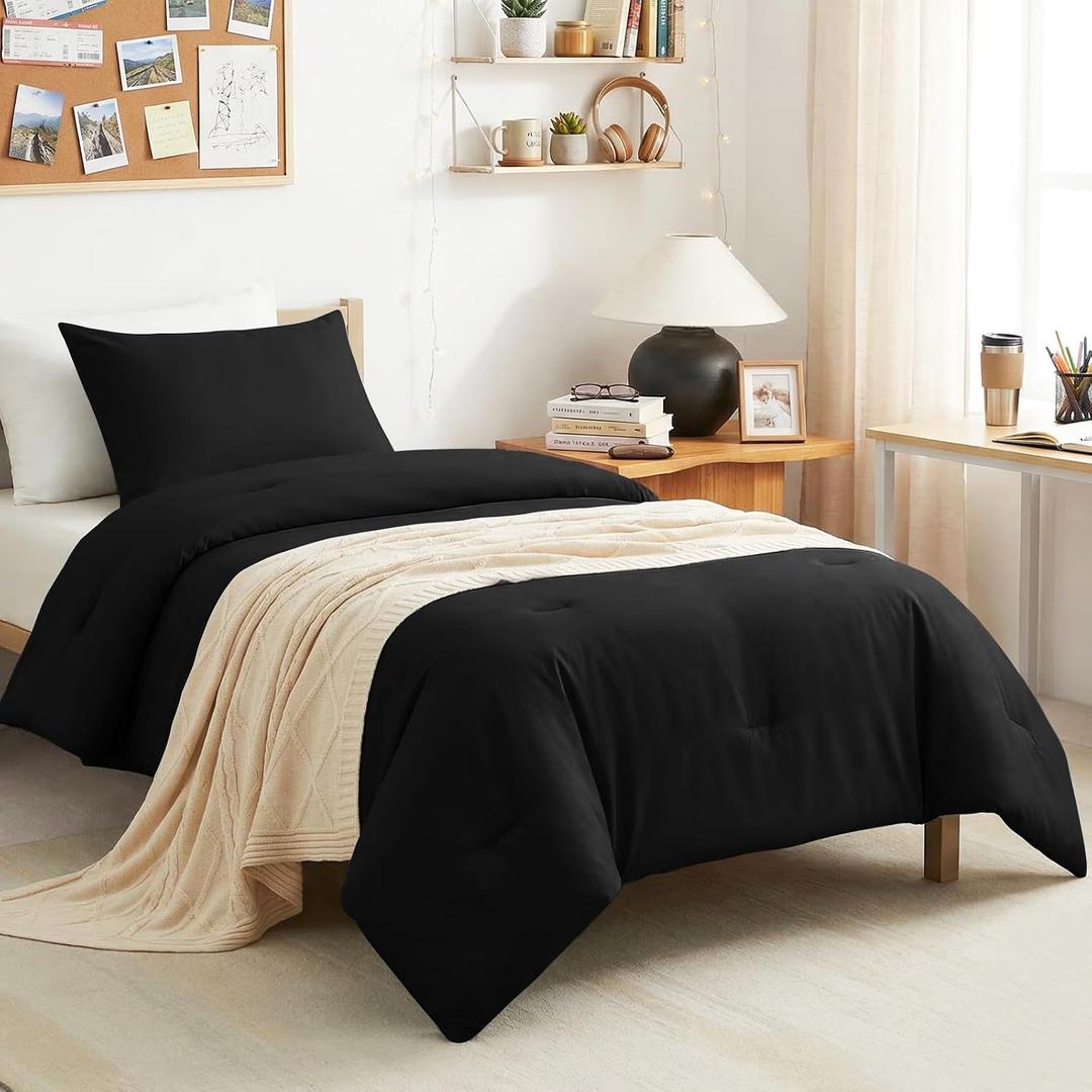 CozyLux Twin Comforter Black, 2 Pieces Twin Extra Long Comforter Set with Corner Tabs, Twin XL Breathable Bedding Sets for College Dorm, Luxury Bed Set with Down Alternative Comforter and 1 Pillowcase
