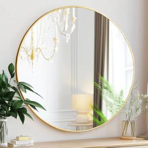 Gold Round Mirror, 24" Circle Mirror, Gold Metal Frame Bathroom Mirrors, Round Wall Mounted Mirrors for Bathroom, Hallway, Living Room, Bedroom. (24"L x 24"W, Gold)