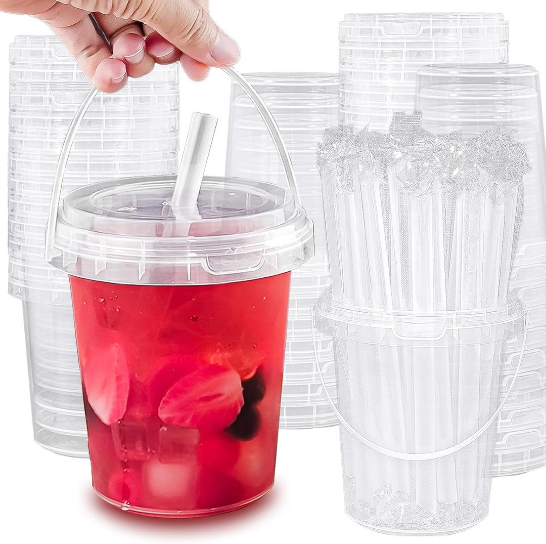 30 Sets - 34 oz Plastic Cups with Lid and Straw, Disposable Coffee Cups with Lids for Iced Coffee, Smoothie, Milkshake, Cold & Hot Drinks, Sturdy/Food Safe/Reusable Clear Party Cups for Pool, Beach Party