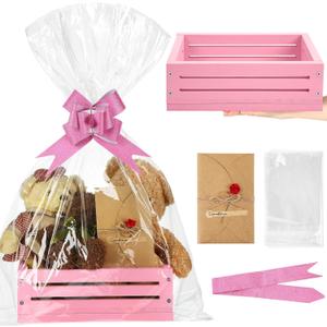 Wonderjune Wooden Baskets for Valentine's Day Gifts Empty Wood Basket with Cellophane Bag Ribbon Greeting Card for Birthday Baby Shower Wedding Housewarming Gifts Packaging(Pink,Small)