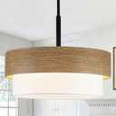 19.6" Rustic Drum Chandelier, 4-Light Wood Texture Pendant Lighting with White Fabric Shade, Farmhouse Chandeliers for Dining Room, Kitchen Island, Bedroom, Living Room, Office