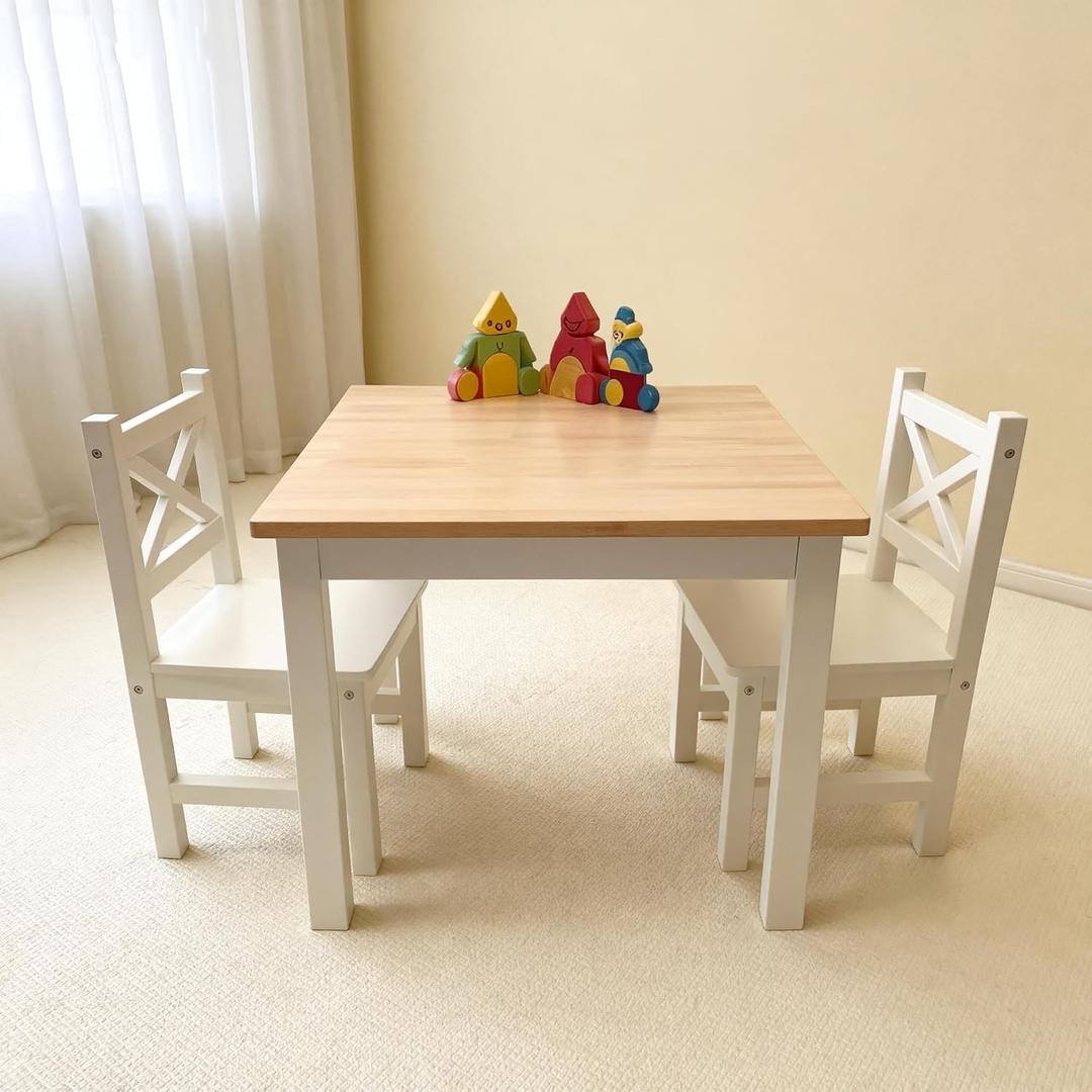 PETIT BATEAU Solid Wood Kids Table and 2 Chairs Set,Montessori Modern AMMEHOELA Irish Designer for 2-8 Years Toddler,SereneWhite Gift, 1 Table with 2 Chairs