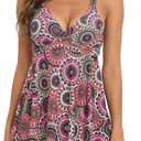 SEAFORM Women's Tankini Bathing Suits Two-Piece Tummy Control Swim Dress High Waist Printing Padded Swimsuits with Boyshorts (X-Large, Circle)