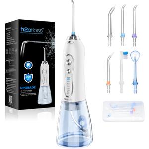 H2ofloss Water Dental Flosser Portable Dental Oral Irrigator with 5 Modes, 6 Replaceable Jet Tips, Rechargeable IPX7 Waterproof Teeth Cleaner for Home and Travel -300ml Detachable Reservoir (HF-6) (White)