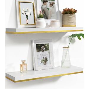Floating Shelves for Wall, Large Deep Hanging Shelves White and Gold,24 Inch Long Wall Mounted Shelves with Invisible Brackets for Living Room Bathroom Bedroom Kitchen Shelf Decor, Set of 2