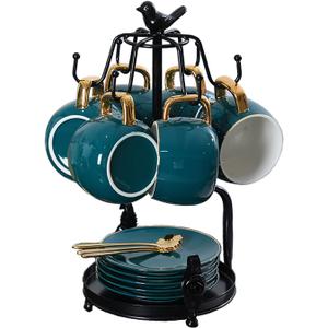 Coffee Mug Tree Holder Countertop,Metal Tea Cup Mug Holders with Small Storage Area Counter Top, Mug TeaCups Stand Rack Tree for Counter 6 Hooks(Black)