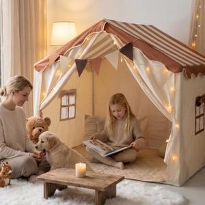 Kids House Play Tent Exta Large Foldable Kids Forts Canopy Tent with Mat, Play Tent for Toddler Indoor Outdoor Playhouse for Room Decor, Star Lights and Colorful Flags
