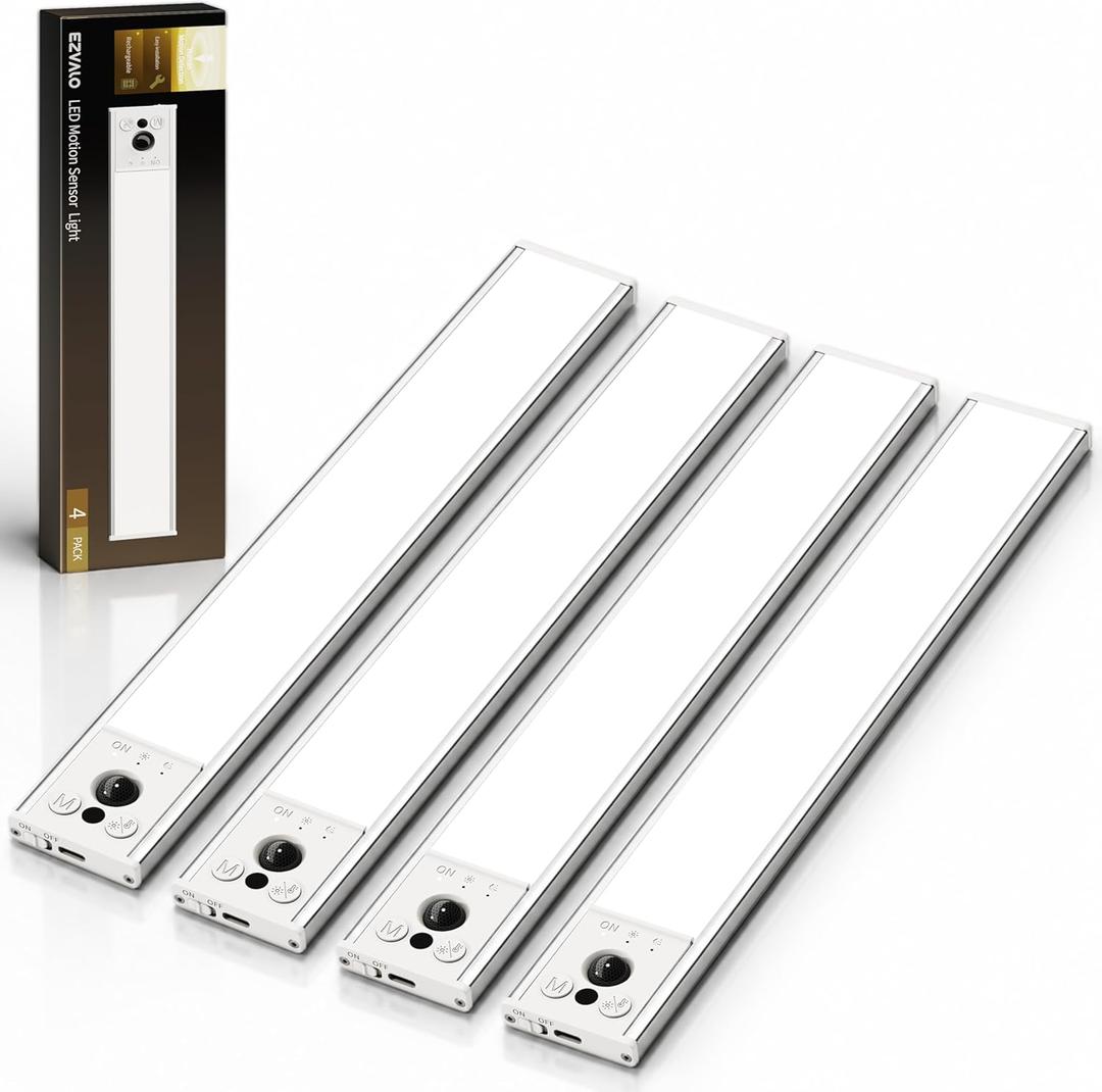 EZVALO 12-inch Under Cabinet Lighting, 3200mAh Rechargeable Motion Sensor Light Indoor, with Dimmable & 3 Color Temps, Magnetic Closet Lights, Wireless Under Counter Lights for Kitchen, Stairs(4-Pack) (White)