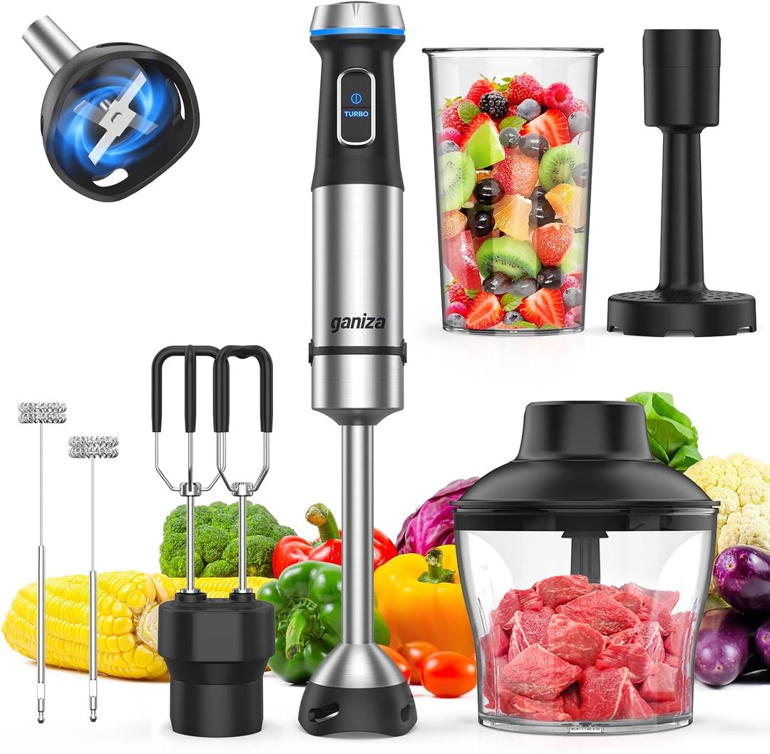 Ganiza Immersion Blender Handheld, 6 in 1 Hand Blender Stainless Steel Blade, 15 Speed Stick Blenders Electric, 800ml Mixing Beaker, 600ml Chopper, Whisk, Frother, Potato Masher (Black)
