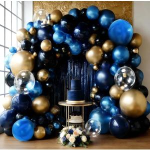 Navy Blue Black Balloon Arch Double Stuffed Dark Royal Blue Black Gold Balloon Garland Kit Banner Fringe Curtain Foil Balloons for Birthday Graduation Wedding Anniversary Space Baby Shower Decor