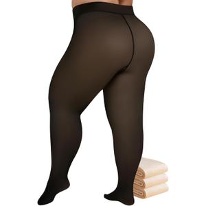 Buauty Plus Size Fleece Lined Tights Womens- Winter Warm Fake Translucent Thermal Pantyhose, Thick Leggings under Dresses (1X-2X, Black)