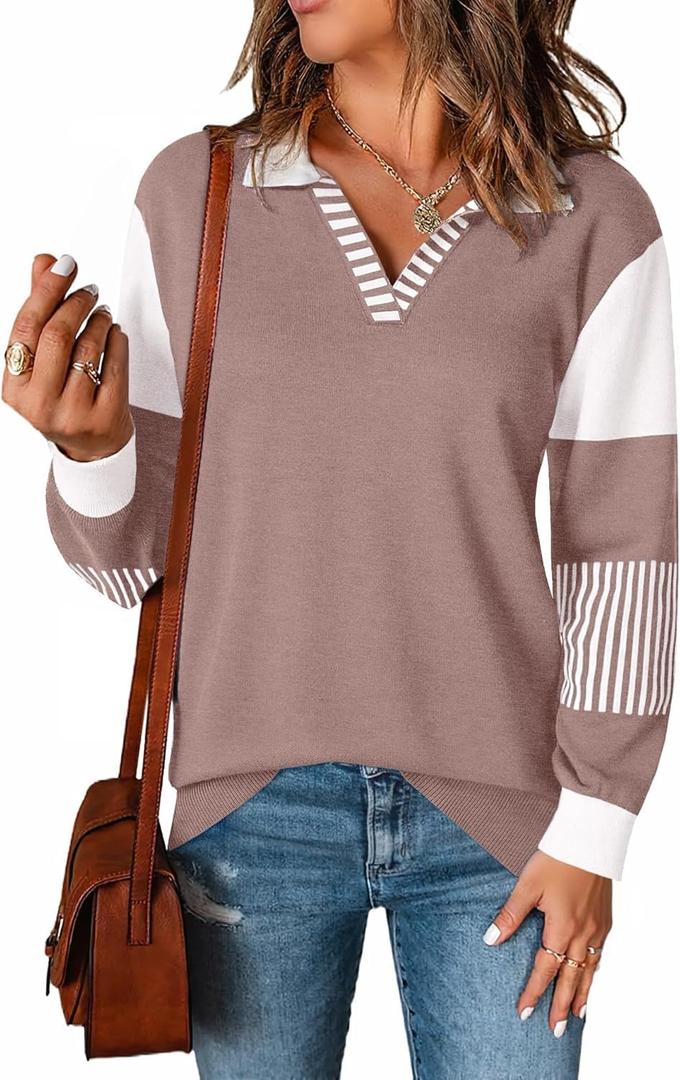LOMON V Neck Long Sleeve Loose Sweaters Color Block Striped Knitted Pullover Jumper Tops (Small, Dark Khaki)