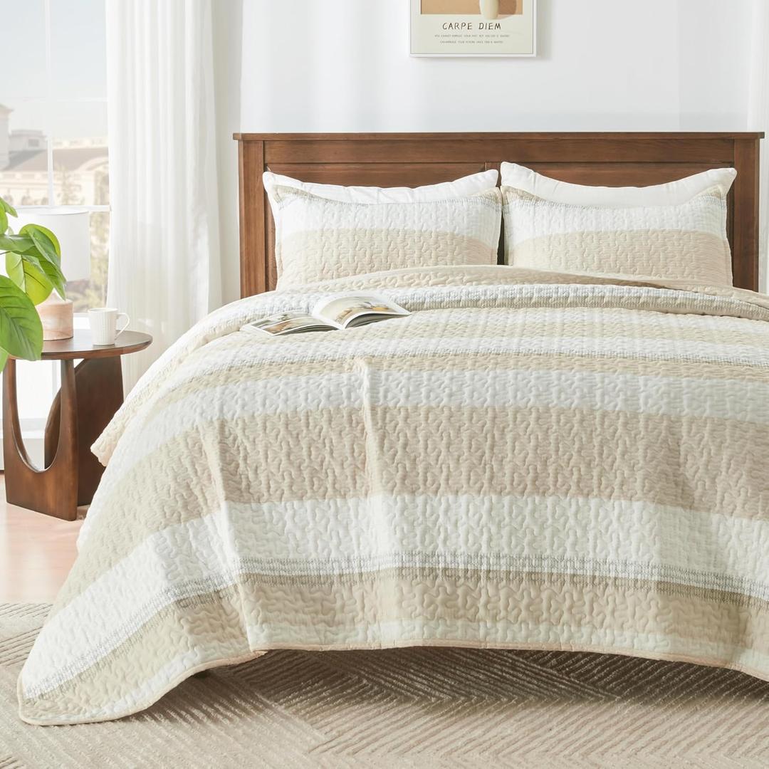 Andency King Size Quilt Set Beige, 3 Pieces Beige Ultra Soft Lightweight Bedspreads & Coverlets Set, Patchwork Striped Quilted Bedding Sets for All Seasons (1 Quilt, 2 Pillow Shams)