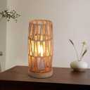 Boho Woven Rope Table Lamp with Handmade Natural Wooden Base, Small Vintage Rattan Wicker Nightstand Cute Desk Lamp, Bedside Bamboo End Table Lights for Bedroom, Living Room, Kitchen Island (Dia 10 x H 22cm)