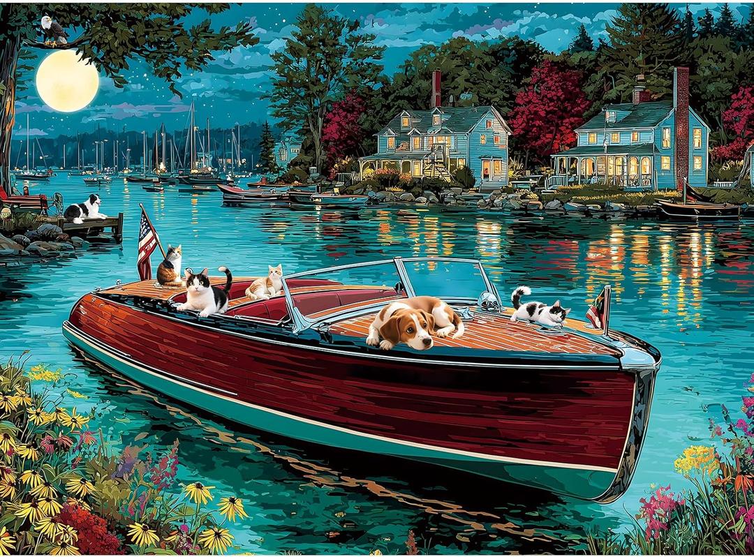 300 Piece Puzzles for Adults, 300 Piece Puzzles for Adults Large Piece, Nighttime Lake Boat Dogs Cats Jigsaw Puzzle Funny Gift for Adult Kids Challenging Family Games Toy, 20.5 X 15 in