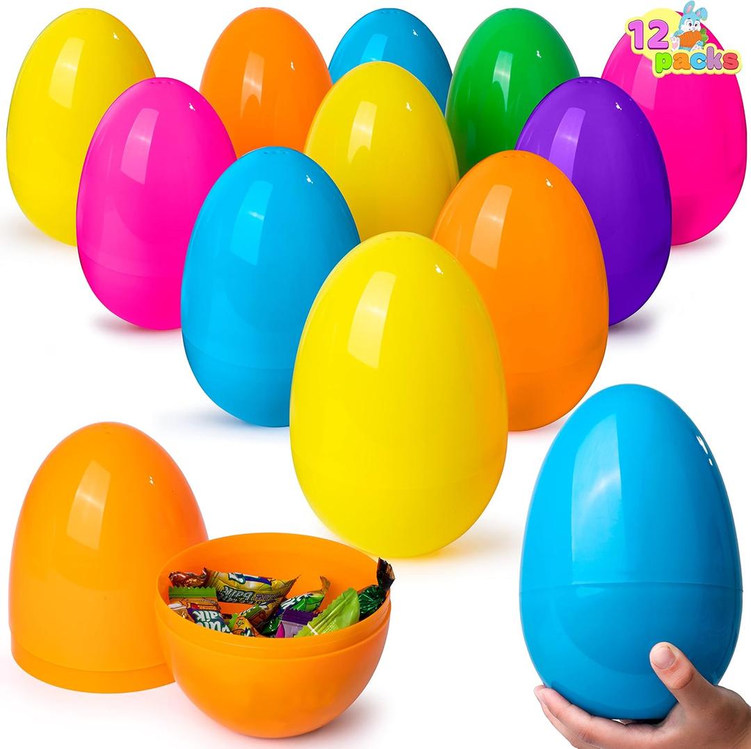 JOYIN 12 Pieces 7" Jumbo Plastic Bright Solid Easter Eggs Assorted Colors for Filling Treats, Easter Theme Party Favor, Easter Eggs Hunt, Basket Stuffers Fillers, Classroom Prize Supplies Toy