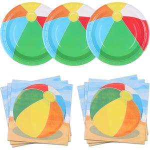 Pandecor Beach Ball Themed Birthday Party Supplies Set, Includes 20 Pieces 7" Durable Paper Dessert Plates and 20 Pieces 6.5" Napkins, Perfect for Pool Birthday Party