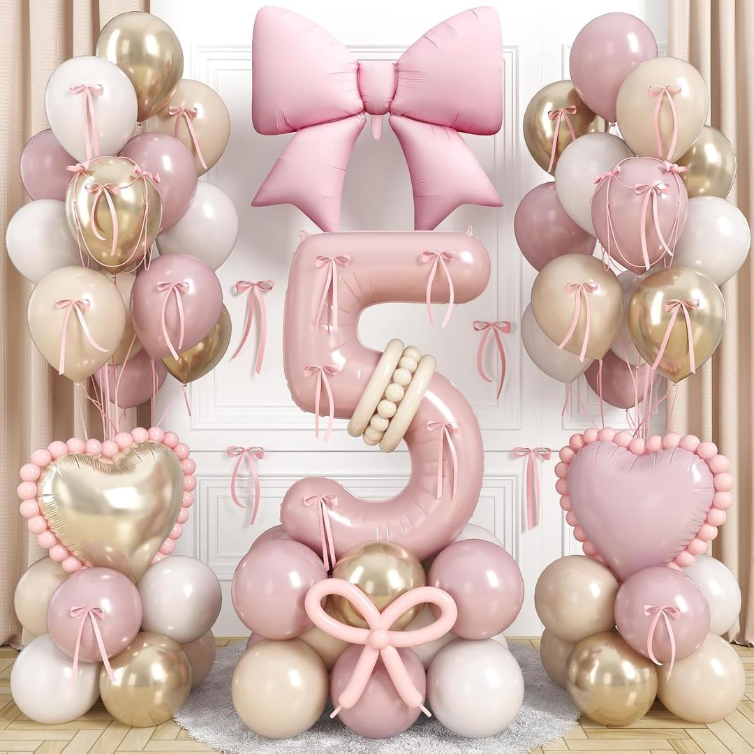Light Pink 5 Balloon Number, Retro Blush Pink Gold Beige Nude Latex Balloons 5 Year Old Girl Birthday Decorations Bow Heart Foil Balloon with for Girls Boho 5th Birthday Anniversary Party Decoration