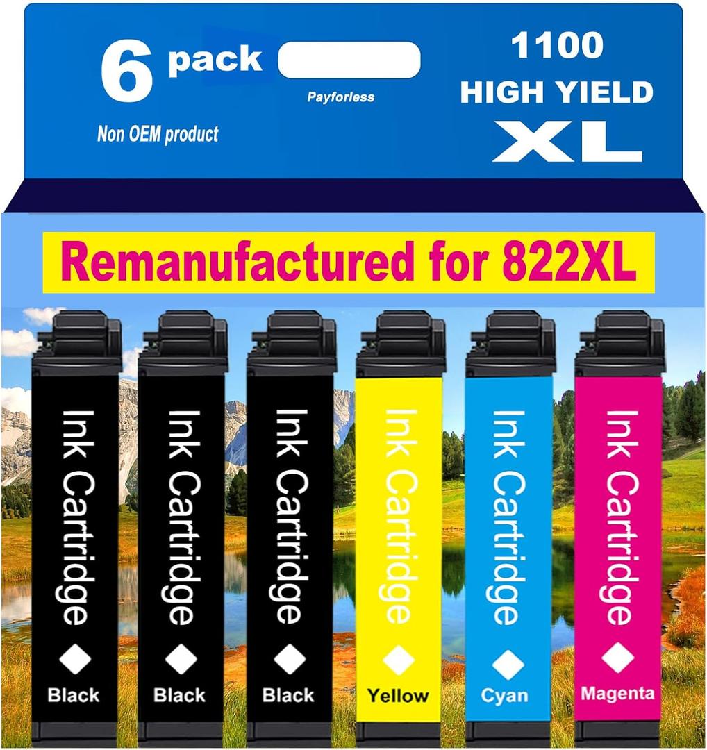 822XL Remanufactured for Epson 822XL Ink Cartridges for 822XL T822 for Workforce Pro WF-3820 WF-3823 WF-4820 WF-4830 WF-4833 WF-4834 Printer 6 Pack 3 Black 1 Cyan 1 Magenta 1 Yellow