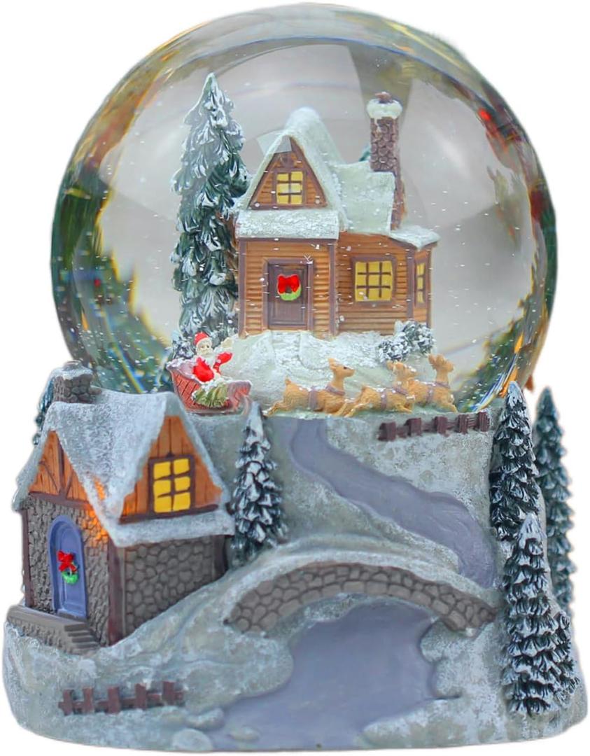 Snowy Town and Automatic Revolving Santa and Sleigh Snow Globe Color Changing Light Effect Snowglobe with Illuminating and Dimentional Winter Scene Base Plays (Santa Clause is Coming to Town)