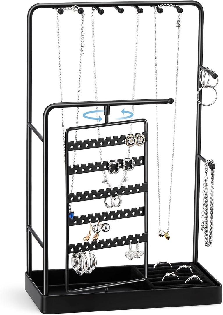 ProCase Jewelry Stand Holder Organizer, Jewelry Display Storage with Ring Tray, Rotating Earring Bracelet Necklace Holder, Valentine's Gifts Room Dorm Decor for Teen Girls -Black (No-Assembly)
