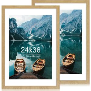 24x36 Poster Frame Set of 2, Natural Oak Wood Style - Display 20x30 Picture with Mat or 24 x 36 Poster without Mat, Wall Mounting Horizontal and Vertical