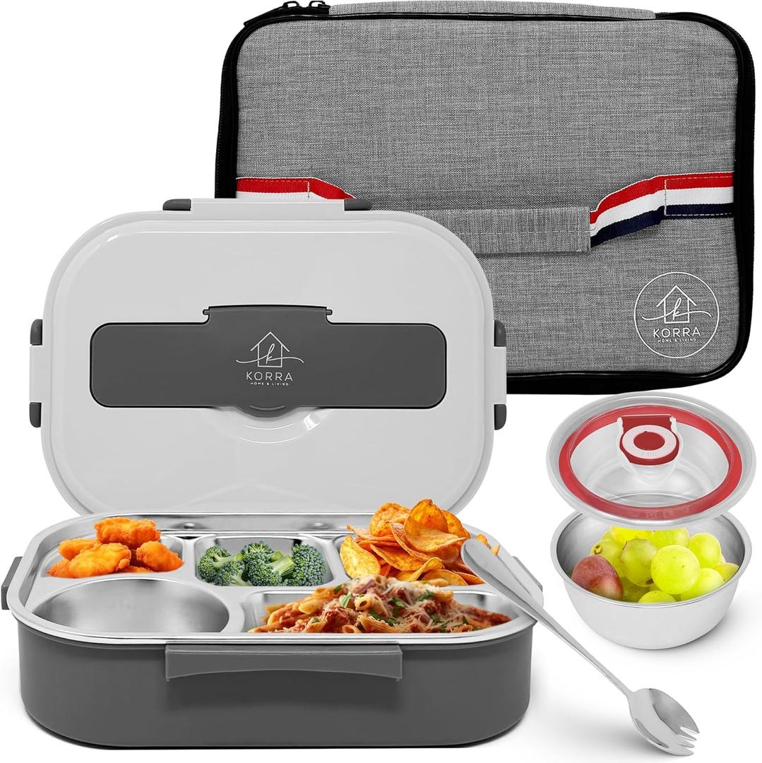 Korra Home & Living Stainless Steel Lunch Bento Box for Adults and All Ages - 5 Compartments, Insulated Bag, Spork, and Leak resistant Soup Bowl, Durable for Work, College, Travel (White)