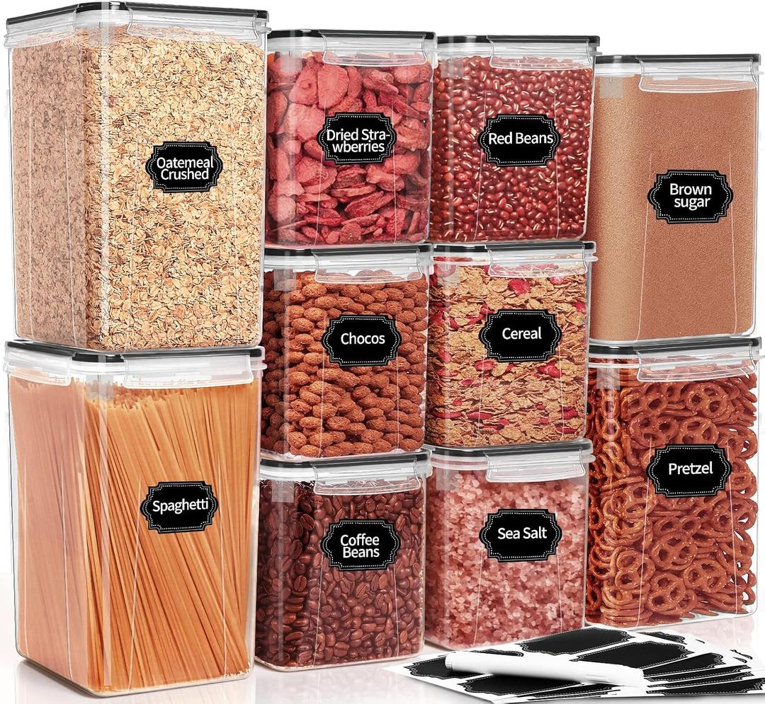 PRAKI Large Airtight Food Storage Containers with Lids, 10PCS Plastic Cereal Storage Containers, Kitchen & Pantry Organizers and Storage for Sugar, Flour, Baking Supplies with Lables & Mark