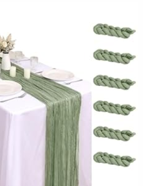FUANGUI 6 Pack 35x120 Inches Sage Green Cheesecloth Table Runner 10Ft for Baby Shower Wedding Birthday Decoration, Easter Table Runner, Boho Gauze Fabric Rustic Romantic Cheese Cloth Table Runner