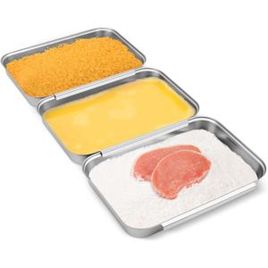 Set of 3 Interlocking Breading Trays, 8.5" X 5.8" X 1.2" Stainless Steel Dredging Trays for Breading, Marinating, Chicken, Food Prep, Stackable Tray for Baking Cake, Oven Safe
