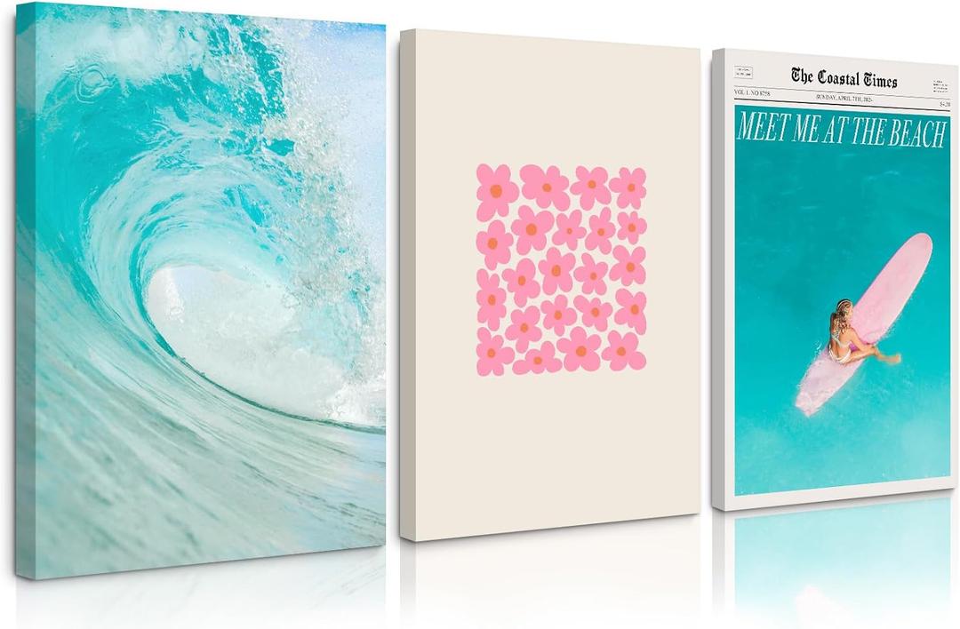 Beach Room Wall Art Decor Ocean Wave Canvas Wall Art Picture Coastal Poster Prints Surfer Girl Wall Art Flower Market Prints Surfboard Wall Decor for Bedroom Teen Dorm 16x24 Inch Framed Set of 3